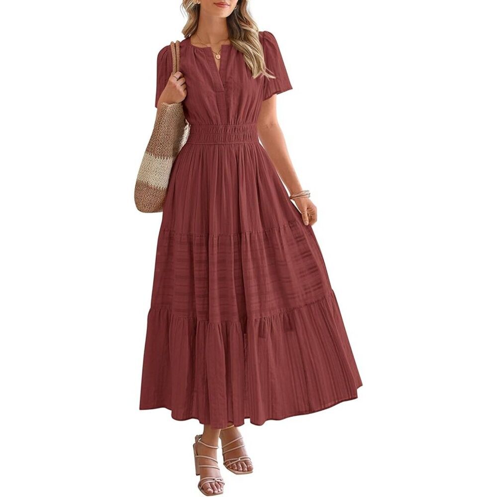 Women's Brown Red V Neck Short Sleeve A Line Summer Casual Maxi Dresses Pockets